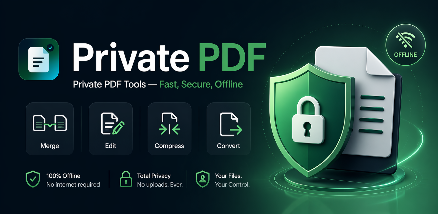 Private PDF promotional artwork showing Private PDF branding, offline messaging, and core tools such as merge, edit, compress, and convert.